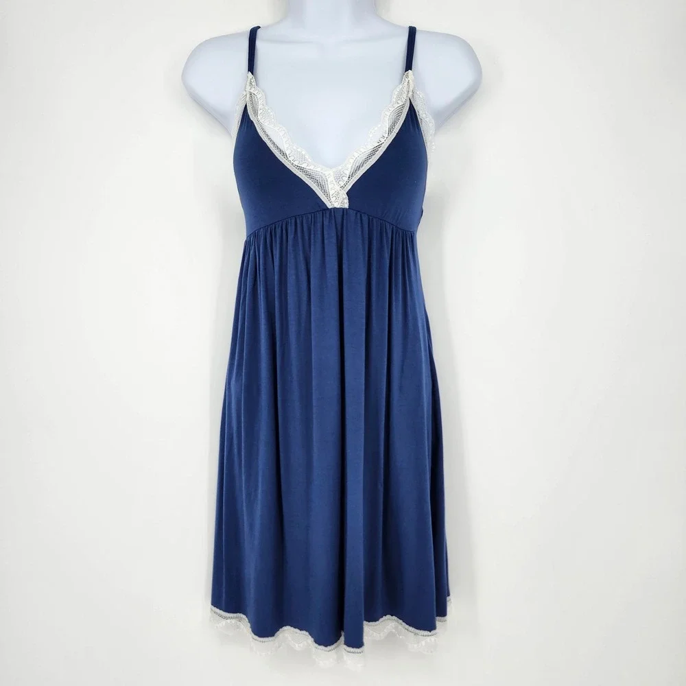 Cupshe NWT‎ Navy Lace Trim Nightgown Slip Dress Womens Small Babydoll Coquette